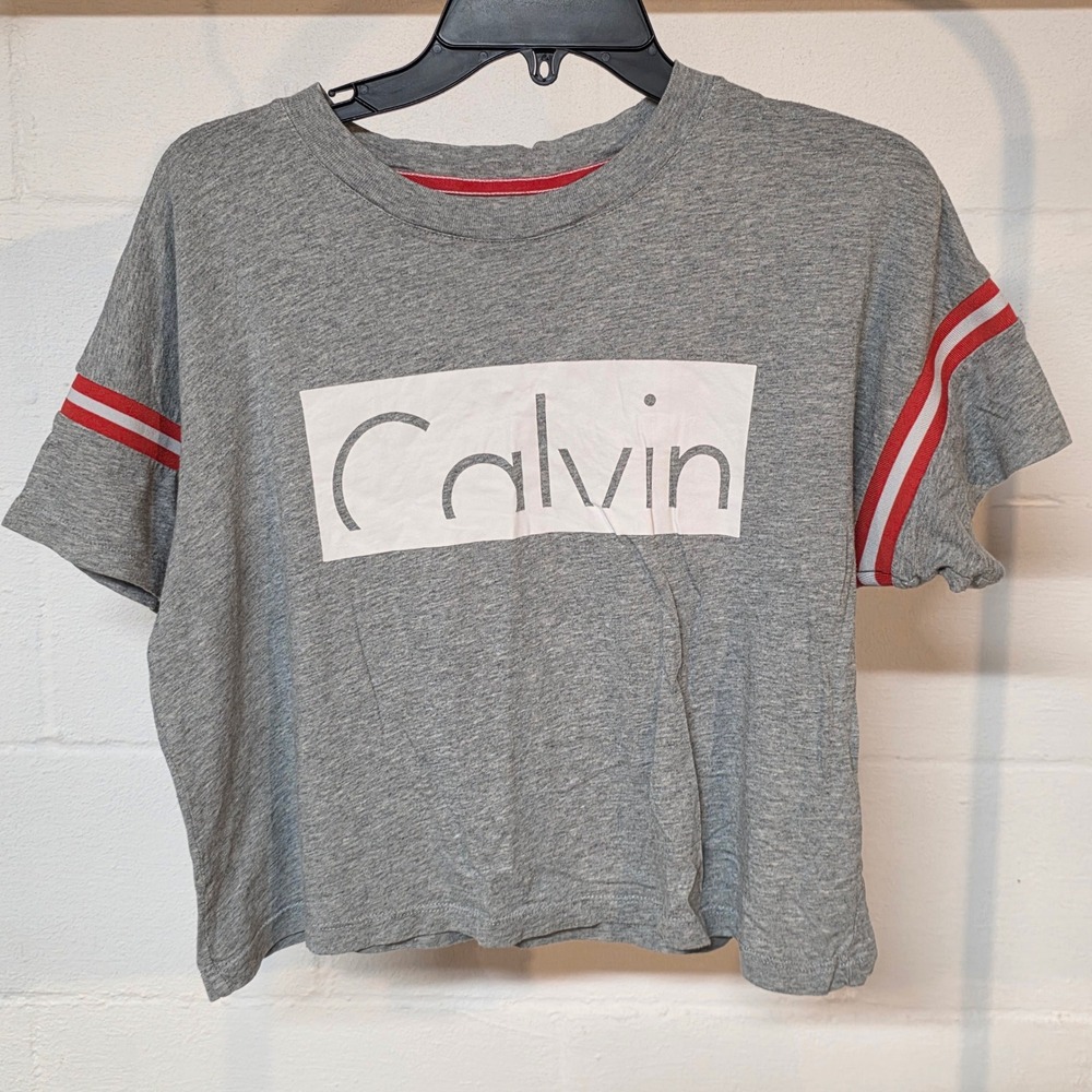 Calvin Klein Womens Medium Cropped Logo Gray T-Shirt Varsity Stripe Streetwear